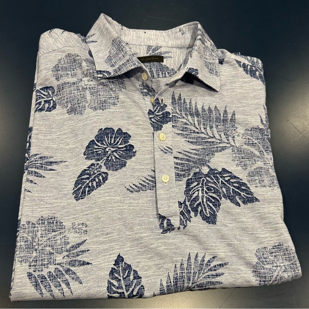 Saks Fifth Avenue Blue Polo Shirt with Tropical Design